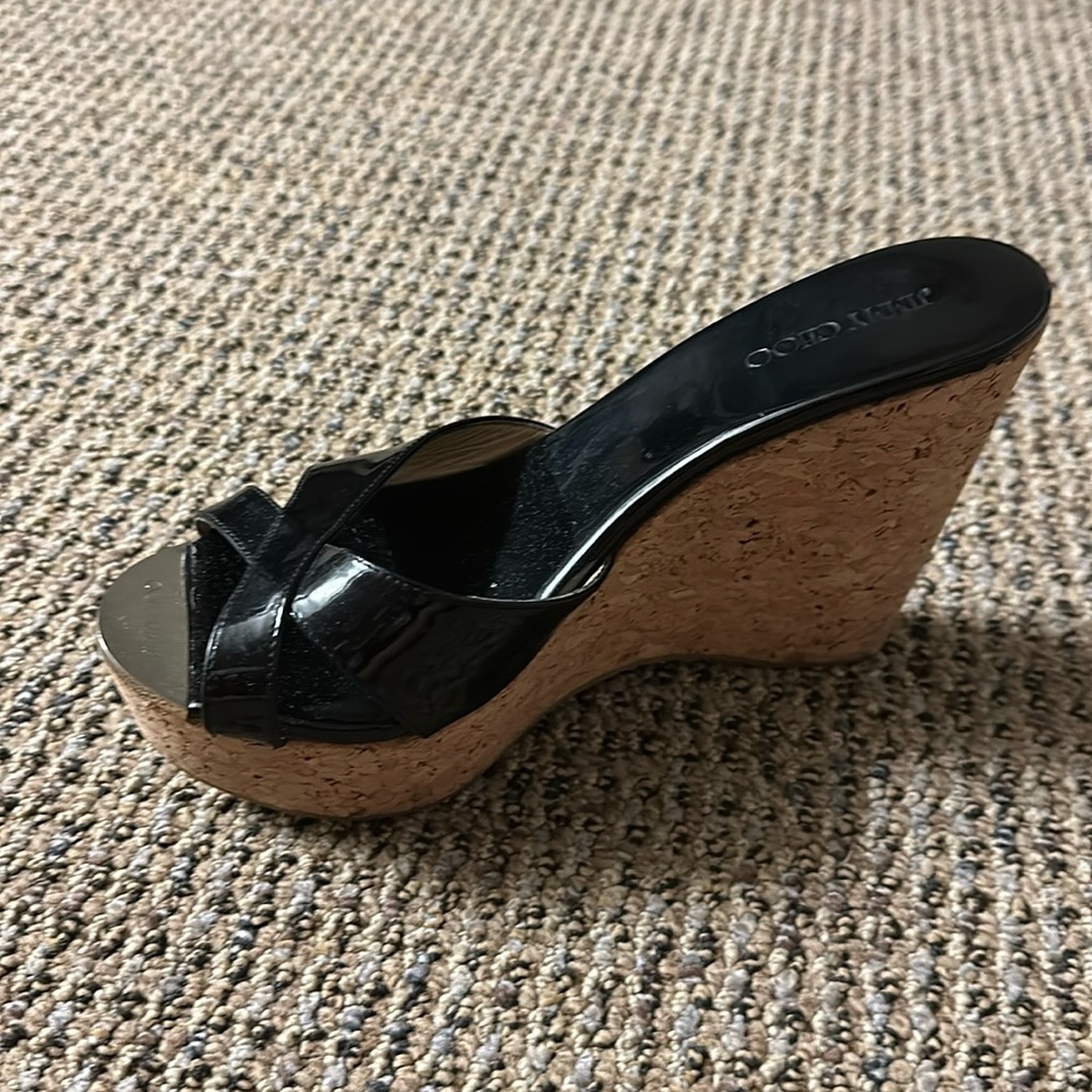JIMMY CHOO patent leather wedges with gold hardware toe plate